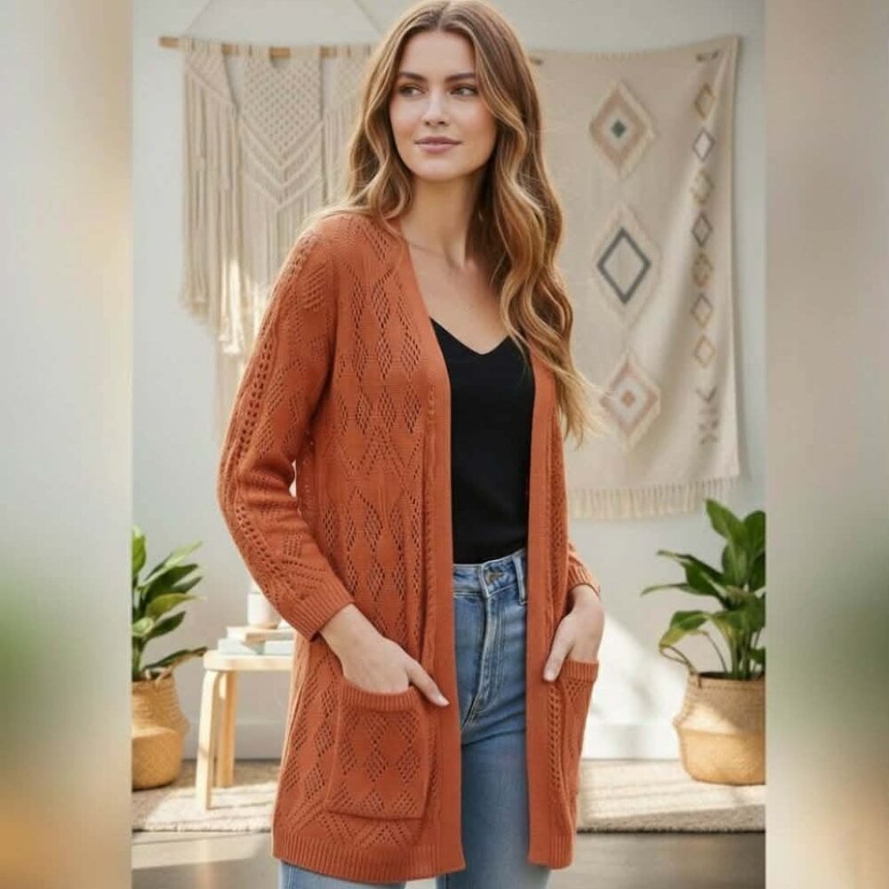 Market & Spruce Cecily Pointelle Cardigan Burnt Orange XS Open Front Rust